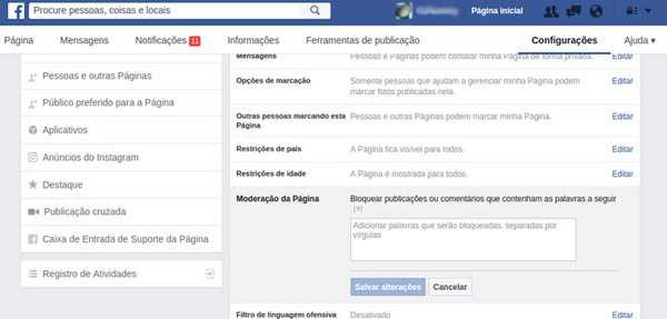 Moderação no Facebook com palavras negativas
