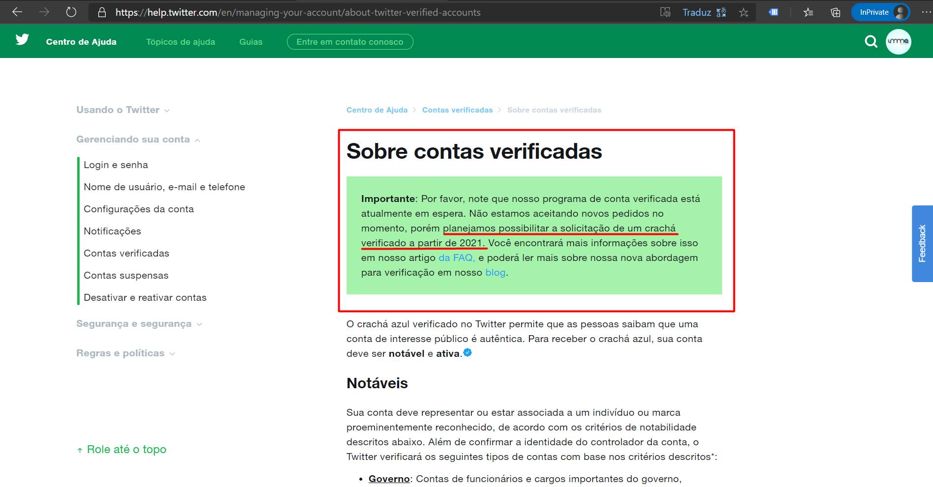 Conta verificada no Twitter só em 2021 Conta verificada no Twitter