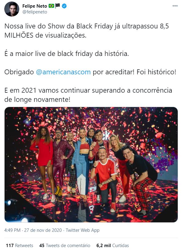 Tweet do Felipe Neto na campanha de Black Friday da Americanas