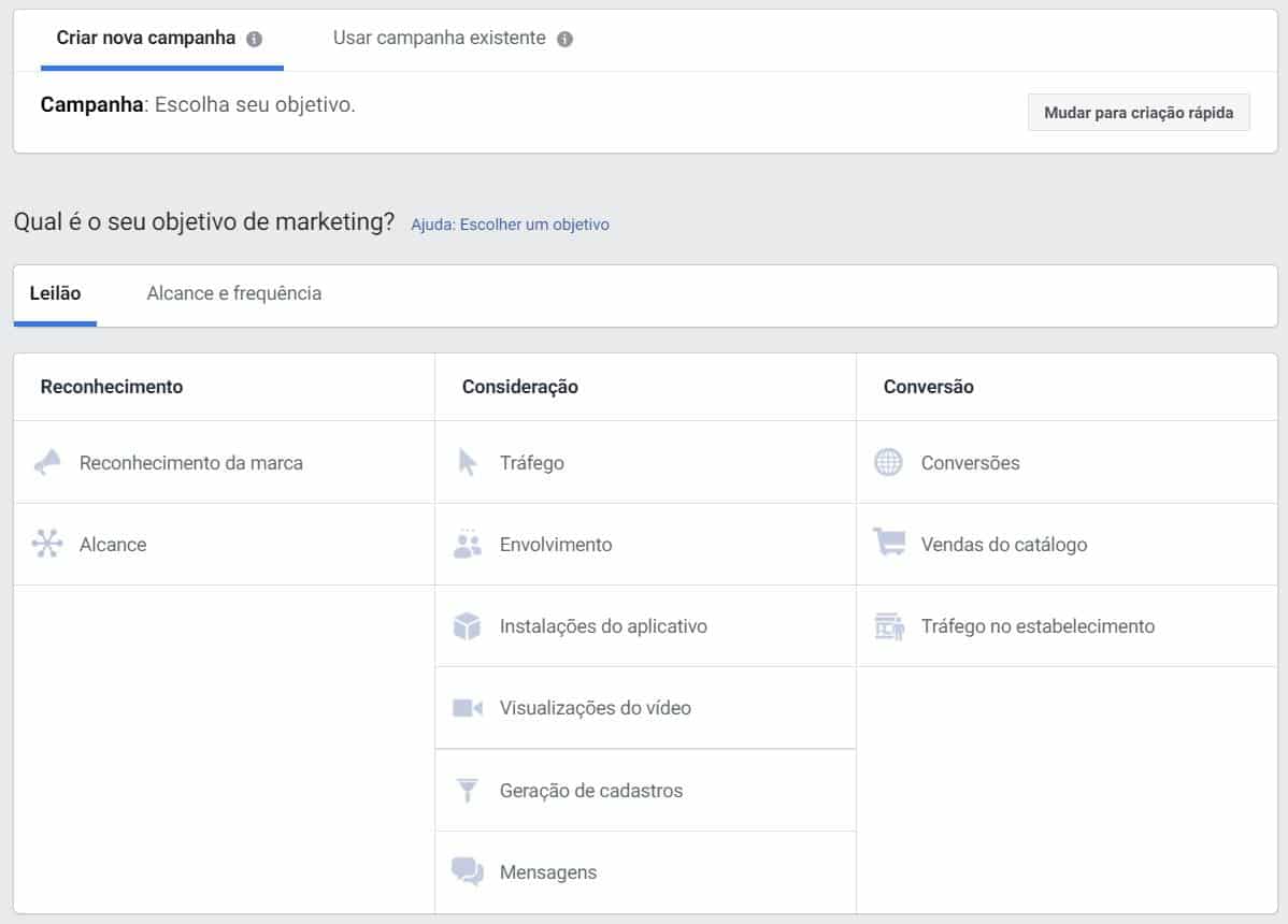 Tipos de campanhas facebook ads