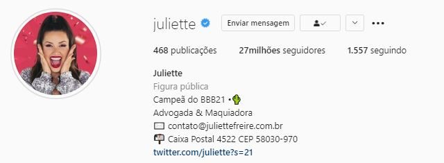 Juliette nas redes sociais Juliette nas redes sociais